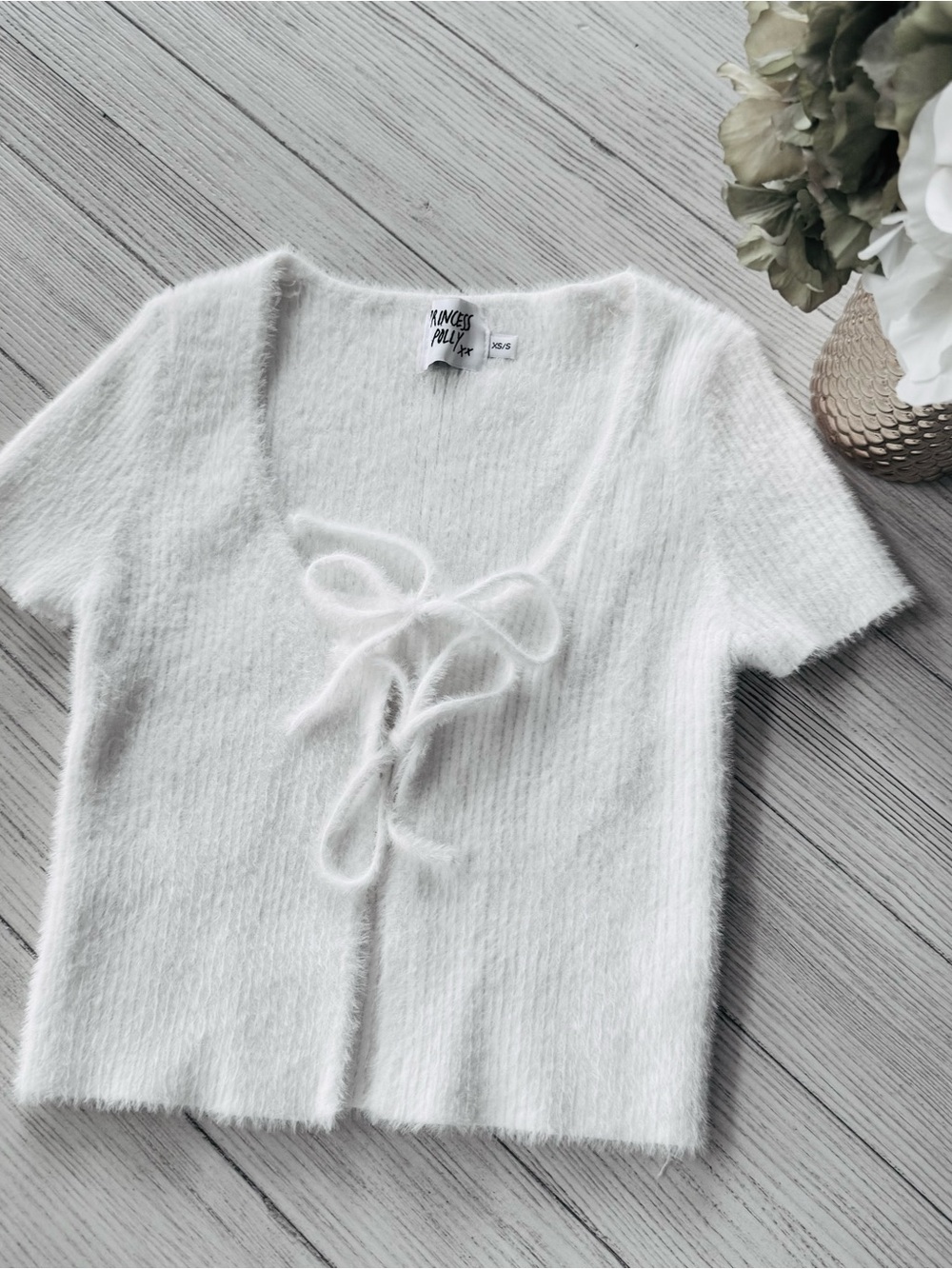 Princess Polly Off-White Soft Fuzzy Knit Tie-Front Short Sleeve Top
